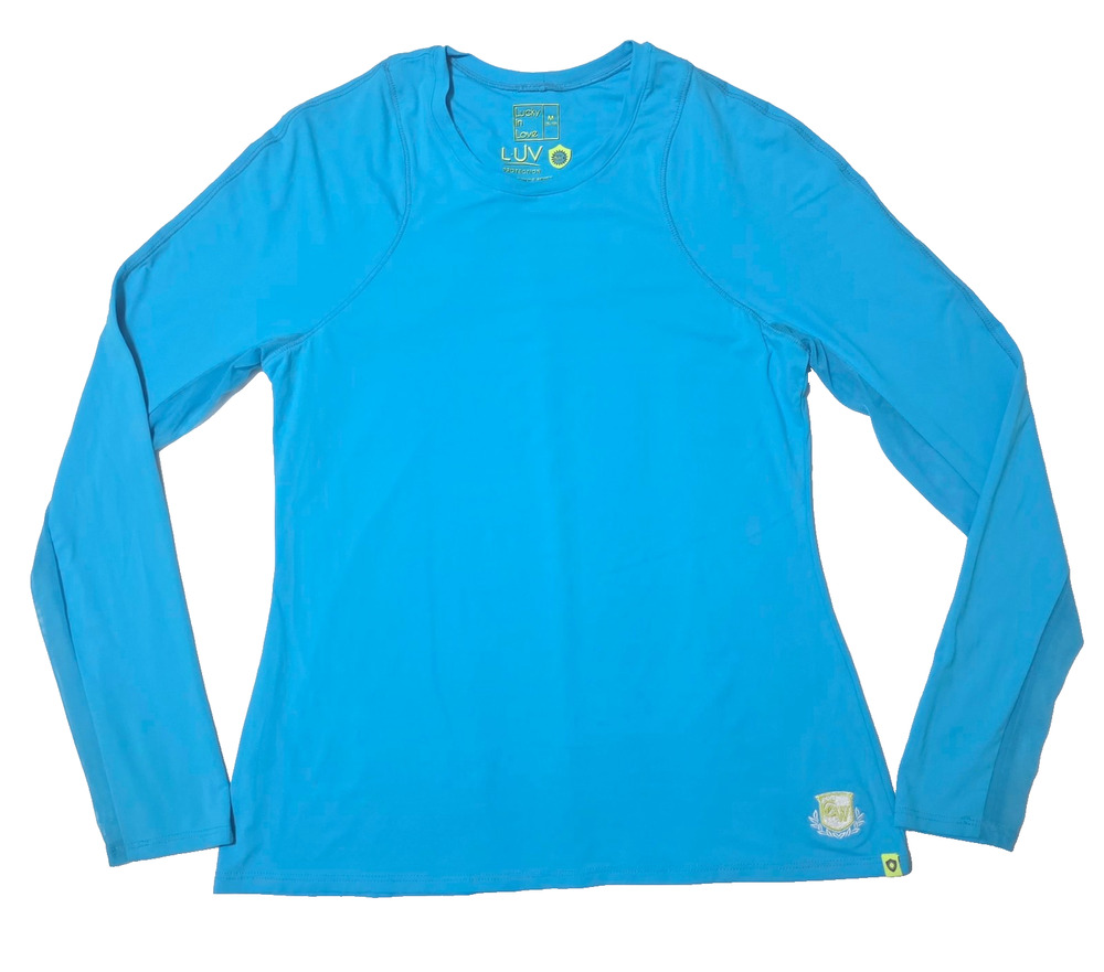 Lucky In Love L-UV UPF 50+ Long Sleeve Tennis Active Shirt Womenβs Size M Blue
